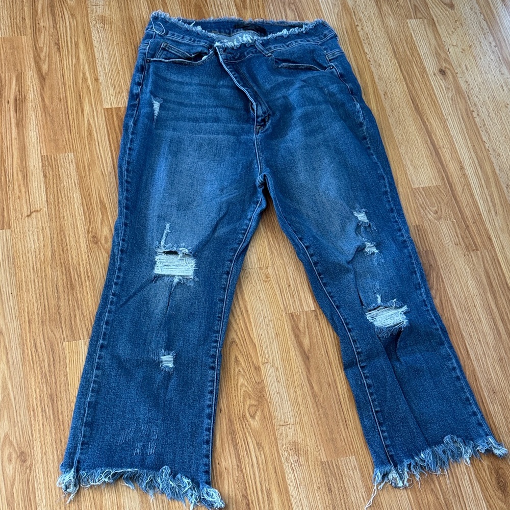 High-Rise Distressed Wide-Leg Jeans in Dark Blue